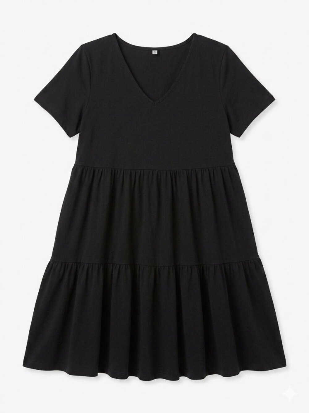 Black Tiered Babydoll Mini Dress V-Neck Short Sleeve Cotton Blend Size S